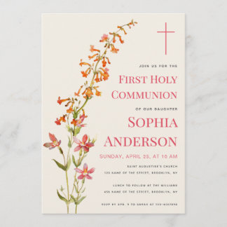 Invitation Girl First Communion Floral Watercolor Wildflowers