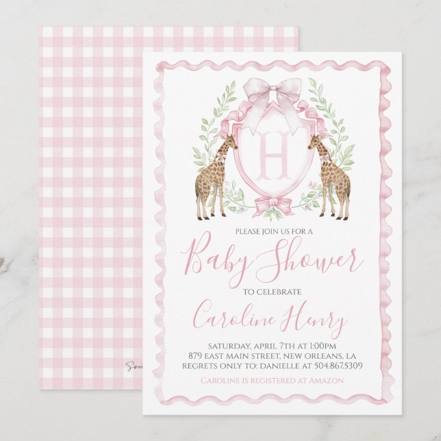 Invitation Girl Giraffe Baby shower Preppy rose En vichy (Devant / Derrière)