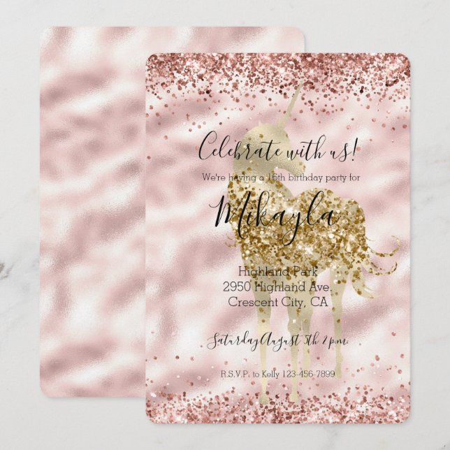 Invitation Girl Gold Unicorn rose Parties scintillant étincel (Devant / Derrière)