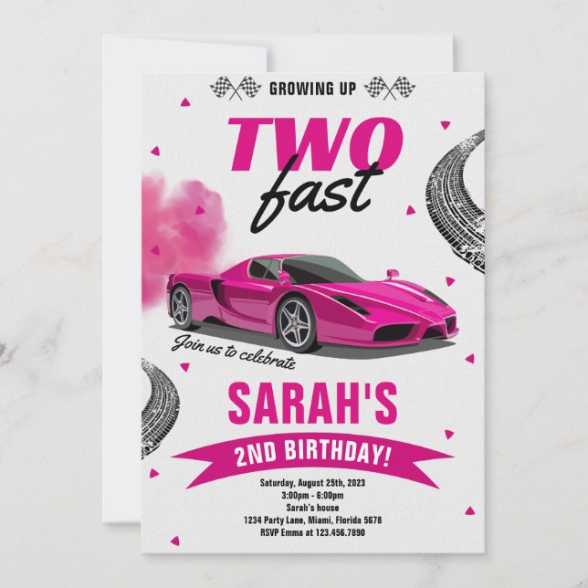 Invitation Girl Grosse Deux Voiture De Course Rapide 2e Anniv (Devant)