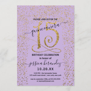 Invitation Girl Lavender Gold Confetti Frontière Quinceañera