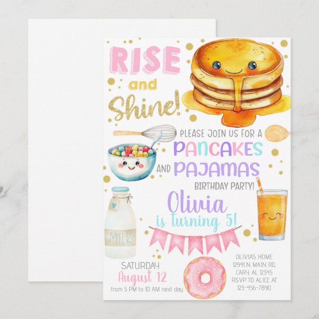 Invitation Girl pancakes and pajama birthday party invite. (Devant / Derrière)