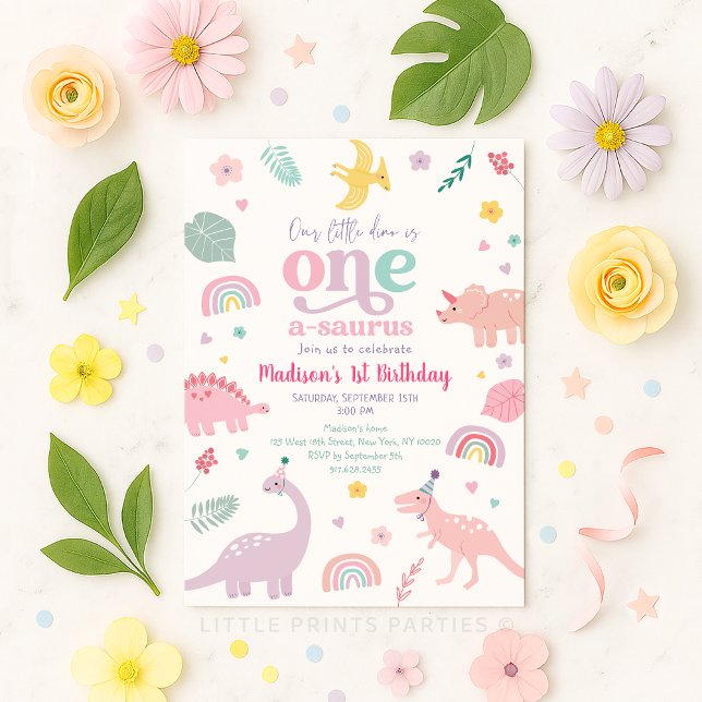 Invitation Girl Pink Dinosaur 1er anniversaire (Créateur téléchargé)