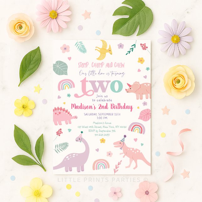 Invitation Girl Pink Dinosaur 2e anniversaire (Créateur téléchargé)