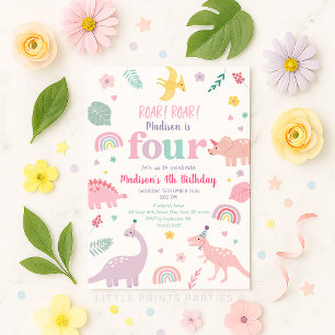 Invitation Girl Pink Dinosaur 4e anniversaire