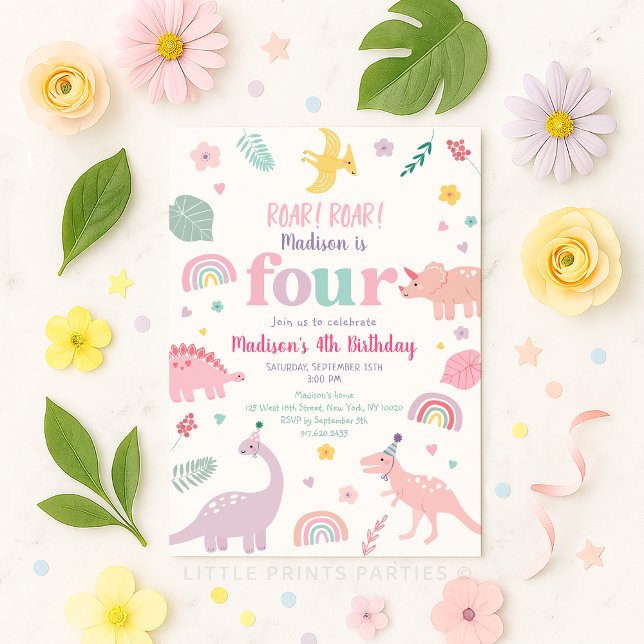 Invitation Girl Pink Dinosaur 4e anniversaire (Créateur téléchargé)