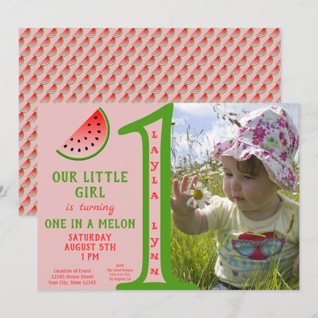 Invitation Girl Pink One In A Melon Thème 1er Anniversaire Ph (Devant / Derrière)