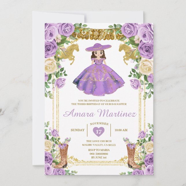 Invitation Girl Purple Mexicaine robe 3e fête d'anniversaire (Devant)