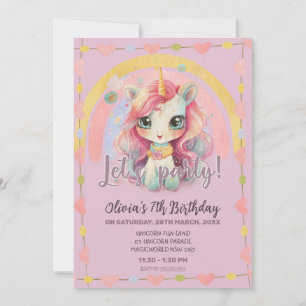Invitation Girl Rainbow Pastel Lilac Kawaii Unicorn Anniversa