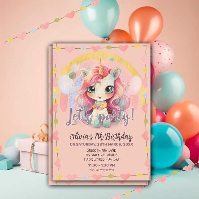 Invitation Girl Rainbow Pastel Pink Kawaii Unicorn Anniversai (Créateur téléchargé)