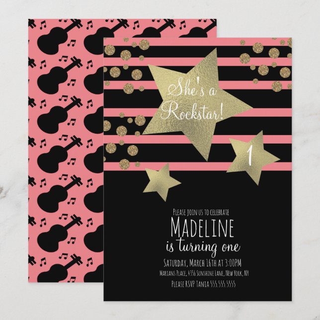 Invitation Girl Rockstar Guitar Faux Gold Star Anniversaire (Devant / Derrière)