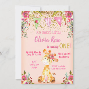 Invitation Girl rose girafe 1er anniversaire invitation.