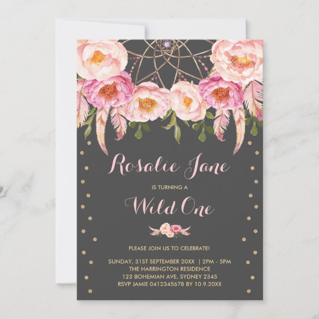 Invitation Girl Rose Gold Dreamcatcher Wild One 1er anniversa (Devant)