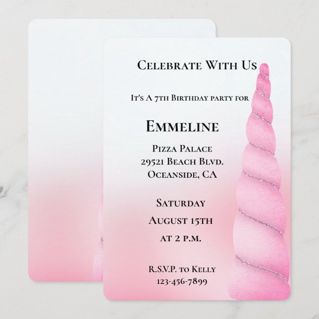 Invitation Girl Sweet Rose blanc licorne Anniversaire (Devant / Derrière)