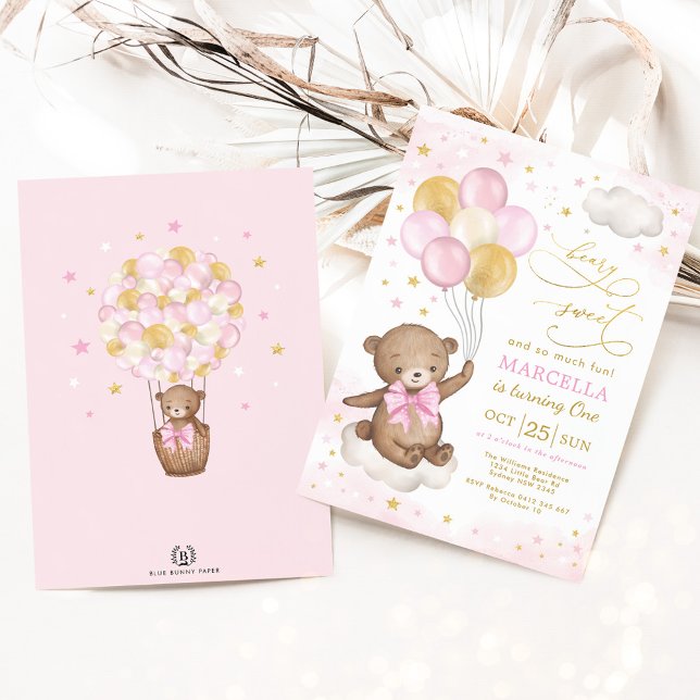 Invitation Girl Teddy Bear Pink Gold Balloons 1er anniversair (Créateur téléchargé)