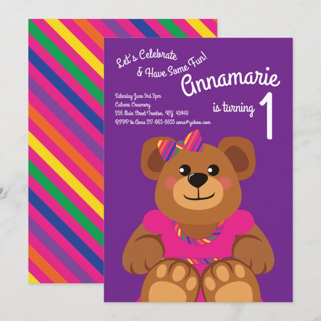 Invitation Girl Teddy Bear Rainbow 1st Birthday Cute (Devant / Derrière)