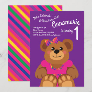 Invitation Girl Teddy Bear Rainbow 1st Birthday Cute
