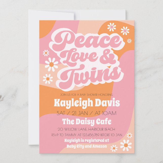 Invitation Girl Twins Retro Super les années 70 Baby shower I (Devant)