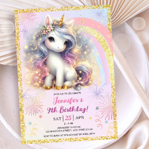 Invitation Girl Unicorn rose or Parties scintillant 9e fête d