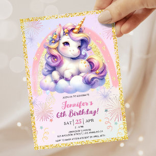 Invitation Girl Unicorn violet rose & or 6e fête d'anniversai