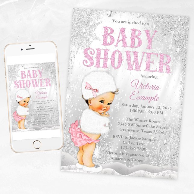 Invitation Girl Winter Wonderland Baby shower Brunette Girl (Girl winter wonderland baby shower invitation. For instant download and print.)