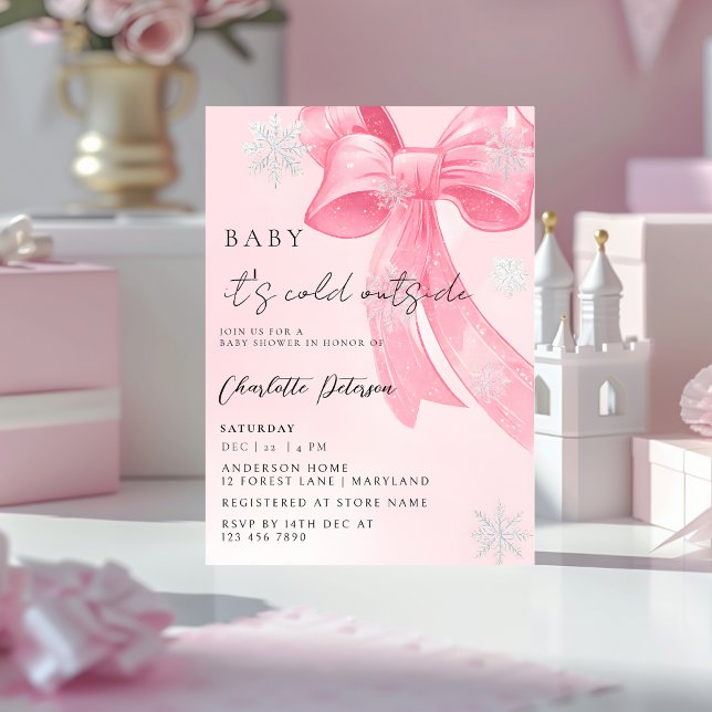 Invitation Girl's Baby Shower pine trees Winter Bow coquette (Créateur téléchargé)