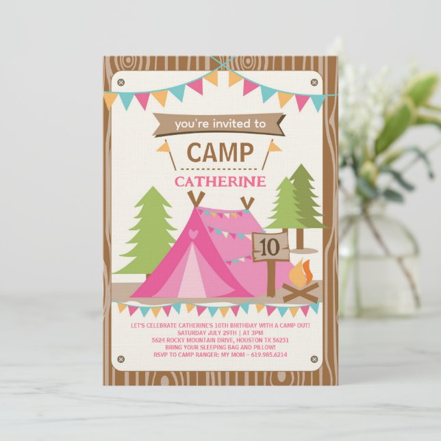 Invitation Girls Birthday Party Camping Birthday Party (Debout devant)
