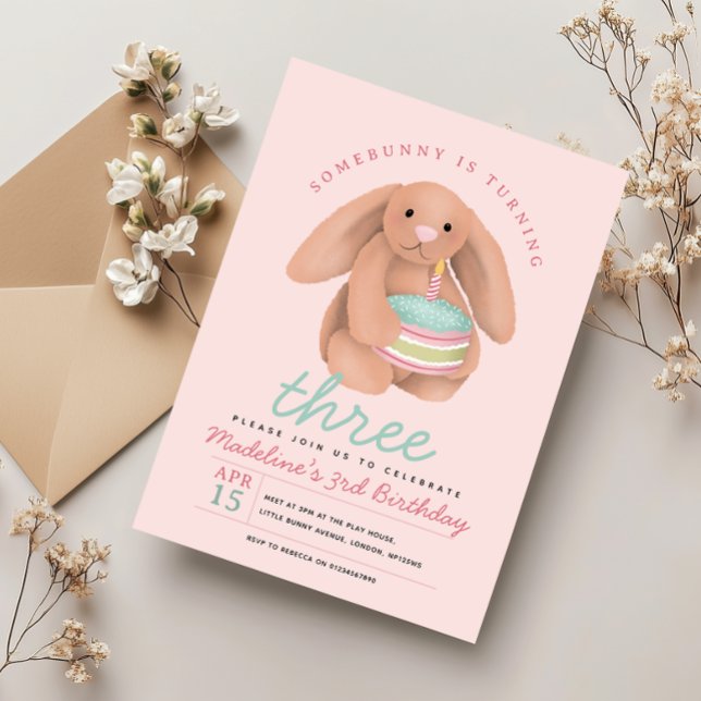 Invitation Girls Cute Pink Bunny Cake Birthday  (Créateur téléchargé)