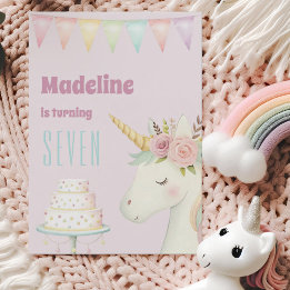 Invitation Girls Cute Pink Unicorn Seventh Birthday