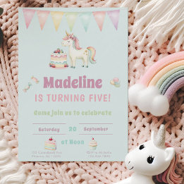 Invitation Girls Cute Turquoise Unicorn Fifth Birthday 