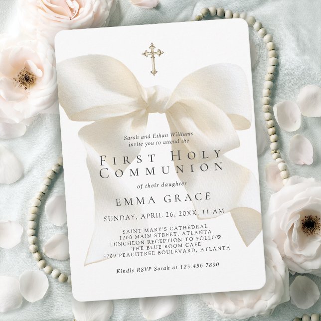 Invitation Girl's First Holy Communion Elegant Ivory Bow (Invitation may be ordered in both printed and digital formats.)