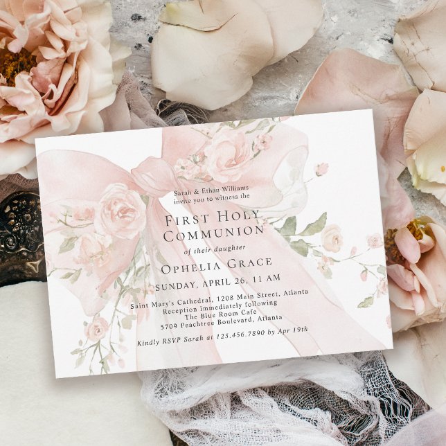 Invitation Girl's First Holy Communion Pink Floral Bow (Invitation may be ordered in both printed and instant download digital formats.)
