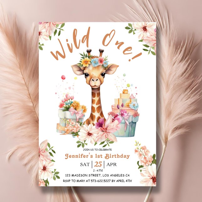 Invitation Girls Giraffe 1er anniversaire Pink Safari (Créateur téléchargé)