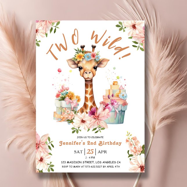 Invitation Girls Giraffe 2e anniversaire Pink Safari deux sau (Créateur téléchargé)