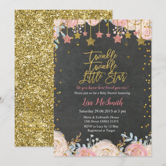 Invitation Girls Gold Twinkle Little Star Baby shower (Devant / Derrière)