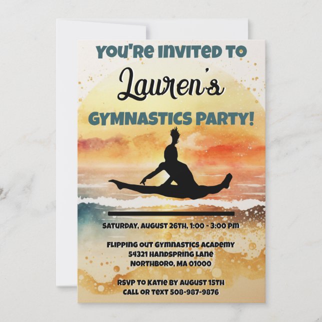 Invitation Girls Gymnastique Sunset Beach Anniversaire (Devant)