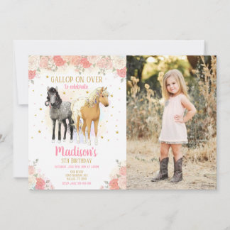 Invitation Girls Horse Pony Watercolor Floral Photo Birthday