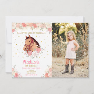 Invitation Girls Horse Watercolor Floral Photo Birthday