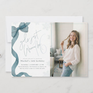 Invitation Girls Just Wanna Be 16 | Winter Bow Photo Birthday