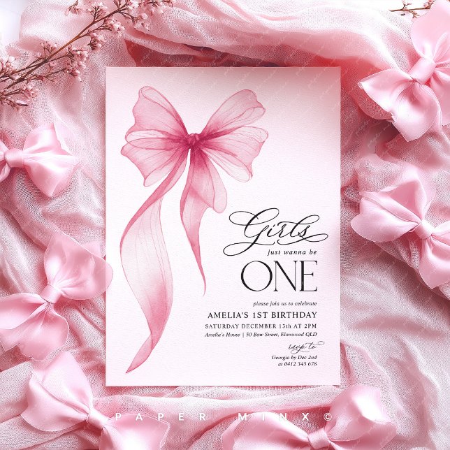 Invitation Girls just wanna be ONE 1st Birthday Pink Bow  (Girl's just wanna be one! Pink Bow 1st birthday party invite)