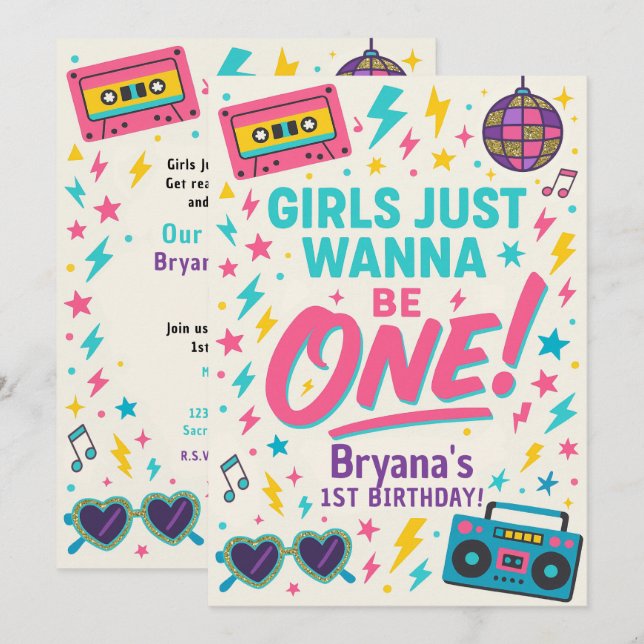 Invitation Girls just wanna be ONE Pop 1st Birthday Party (Devant / Derrière)
