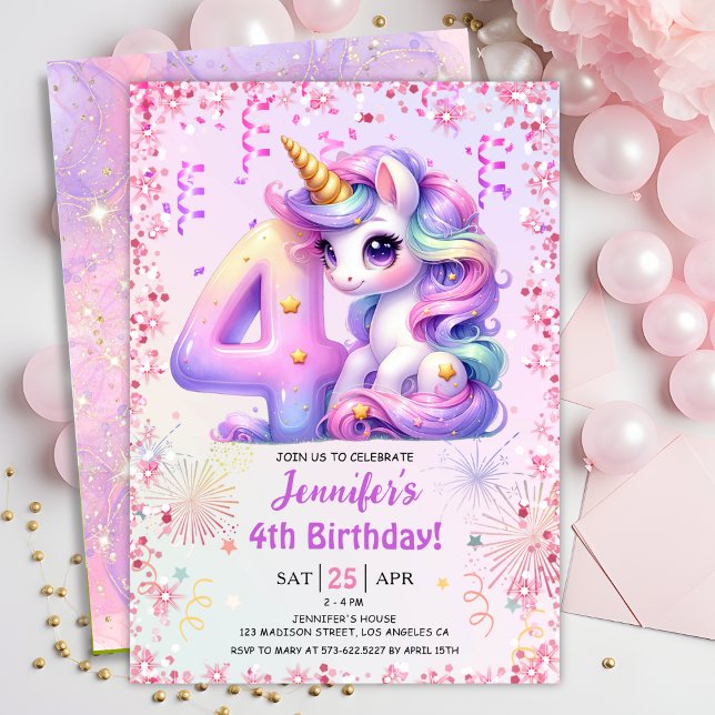 Invitation Girls Magical Unicorn 4e fête d'anniversaire (Créateur téléchargé)