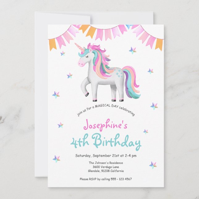 Invitation Girls Magical Unicorn 4e fête d'anniversaire (Devant)