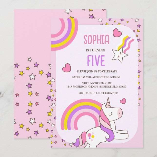 Invitation Girls mignonne rose Unicorn Enfants 5e anniversair (Devant / Derrière)