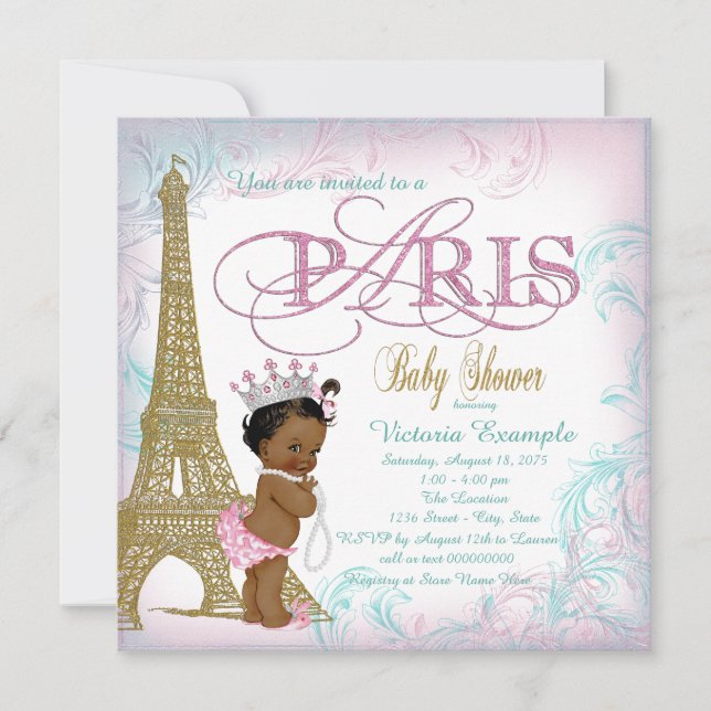 Invitation Girls Paris Baby shower Rose or perles Turquoises (Devant)