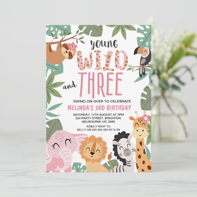 Invitation Girls Pink Green Young Wild Three 3rd Birthday (Debout devant)