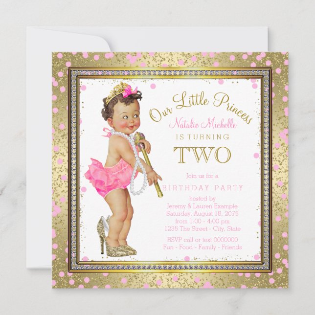 Invitation Girls Princess 2e anniversaire fête Pink Gold (Devant)