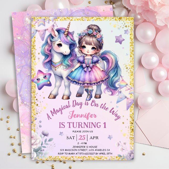 Invitation Girls Princess Unicorn 1er anniversaire Purple Gol (Créateur téléchargé)