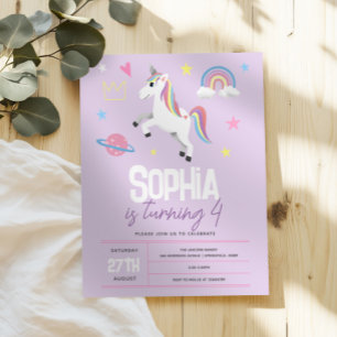 Invitation Girls Purple Girly Unicorn Enfants 4e anniversaire