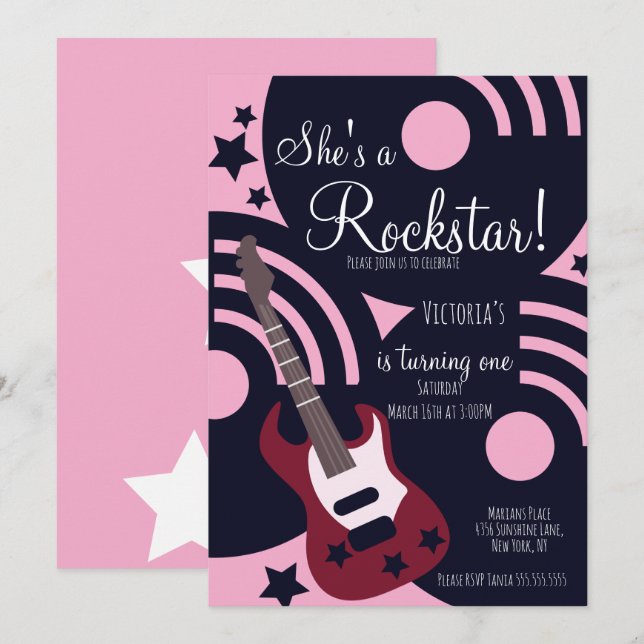 Invitation Girls Rockstar Guitar Star Rock Birthday Party  (Devant / Derrière)